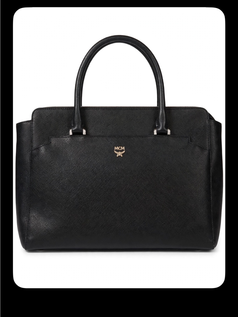 MCM Black Zip Top Satchel Top Handle Bag Logo Studded Silver Hardware Pockets